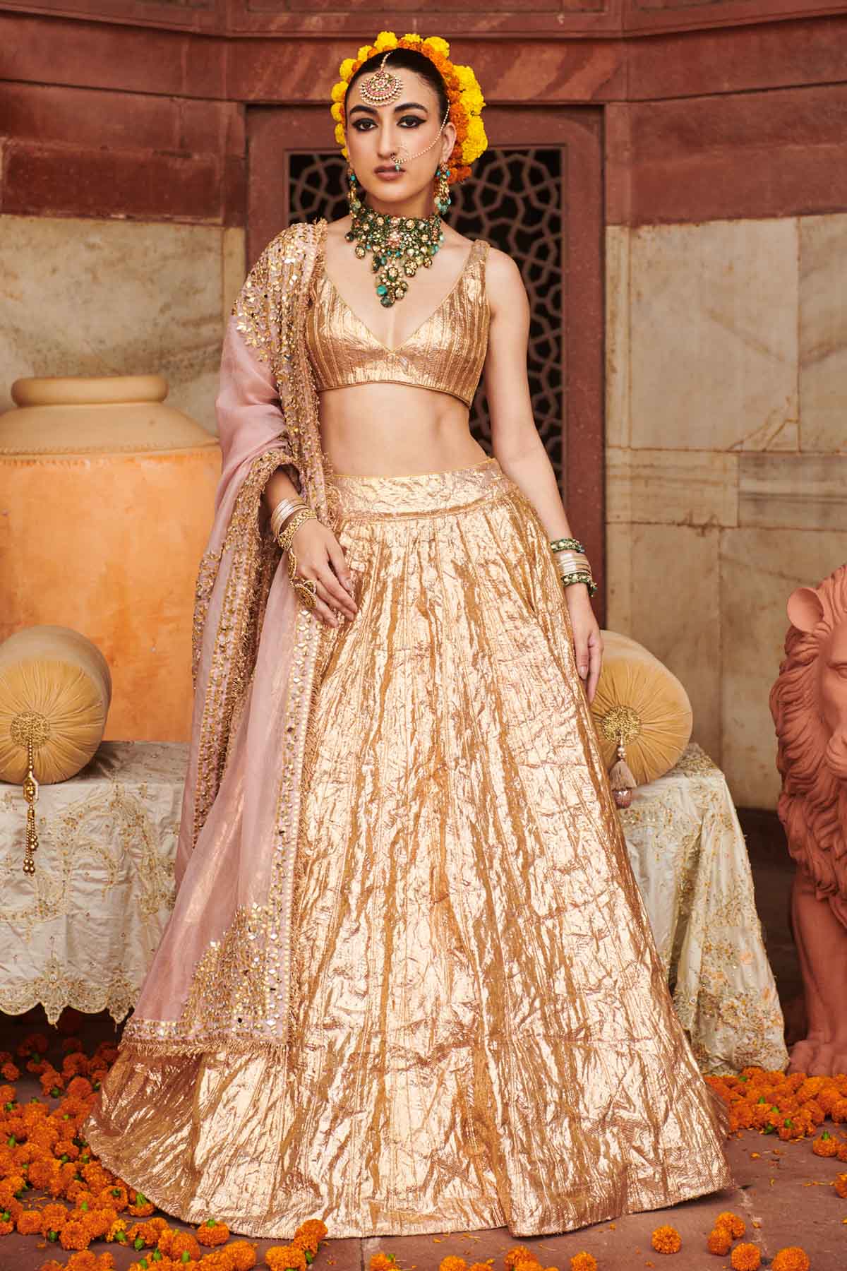 Buy ITRH, Designer Rose Gold Gota Lampi Lehenga Set Online